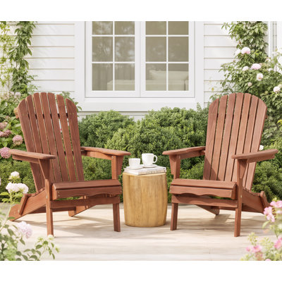 Set of 2 Solid Wood Folding Adirondack Chair for Outdoor Patio, Backyard, Porch, Garden & Deck with Wide Armrests