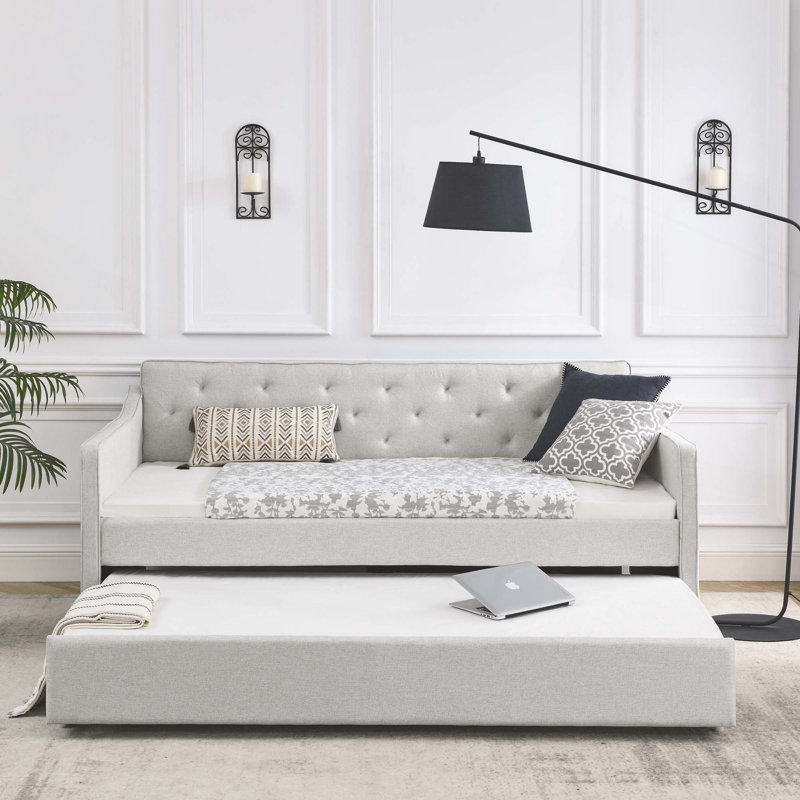 Daybed with Twin Size Trundle Upholstered Tufted Sofa Bed,Waved Shape Arms, Beige