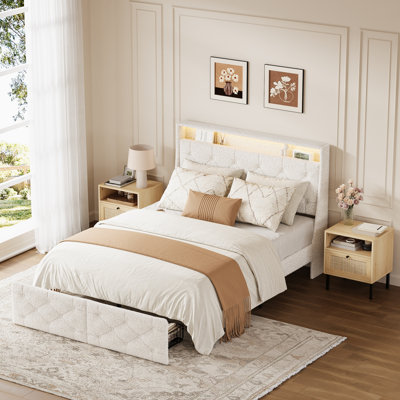 Teddy Upholstered Bedroom Set with Rattan Nightstands