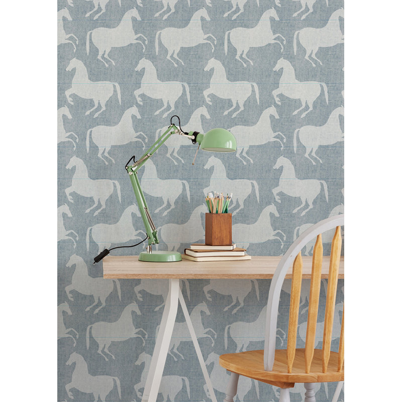 Horses 10' L x 24" W Wallpaper Roll, Pewter Blue, PVC, Self-adhesive