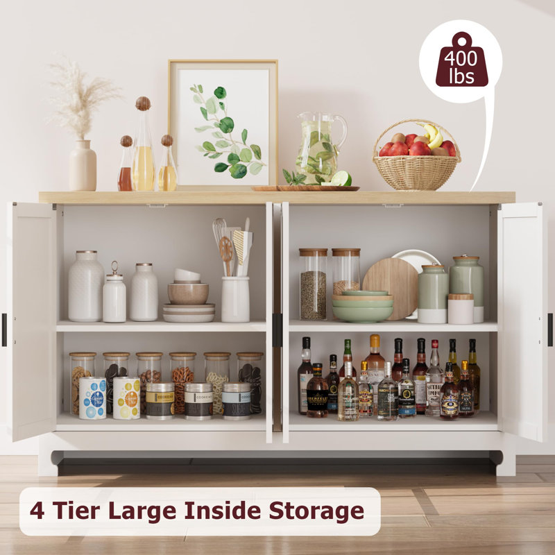White and Natural Rattan 4-Door Buffet Cabinet with Shelf