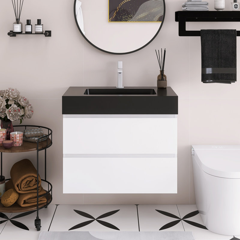 Meuble-lavabo flottant mural 30 po avec lavabo, Noir, Blanc