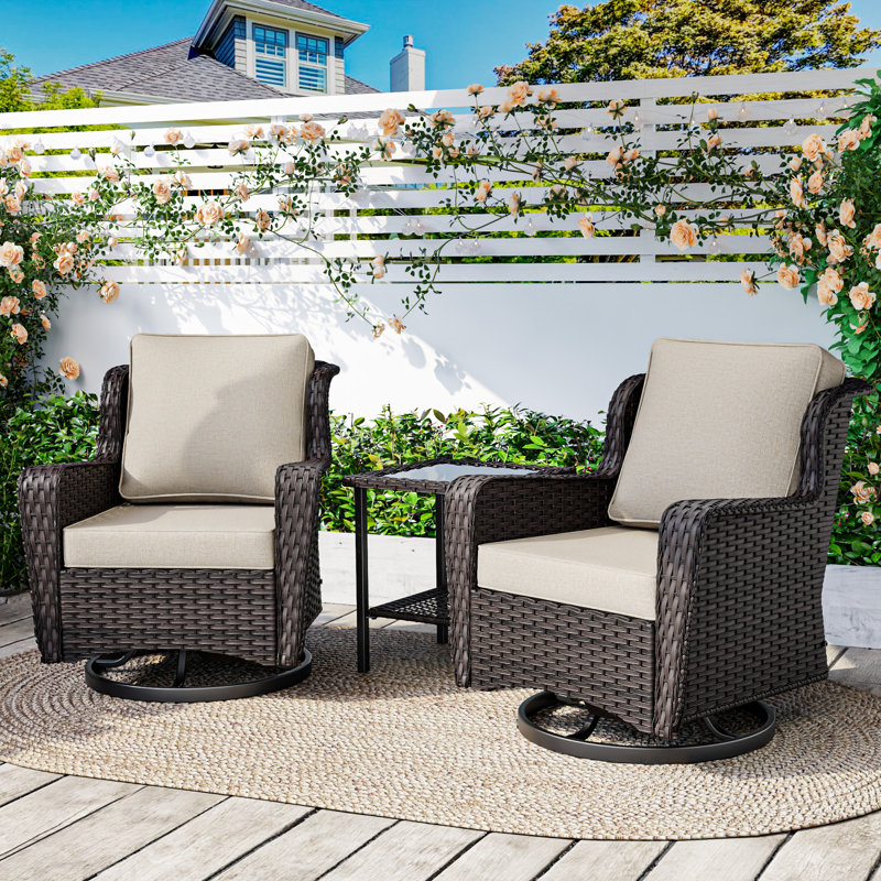 3-piece Patio Rattan Swivel Chair Set, Beige