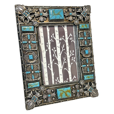 Rustic Faux Metal Fleur De Lis Concho with Turquoise Rectangle Stone 6” x 4” Photo Picture Frame
