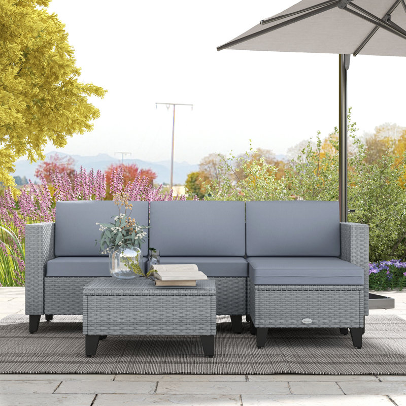 Natori Luxury 4-Seater PE Rattan Patio Corner Sofa Set 5-Piece Grey