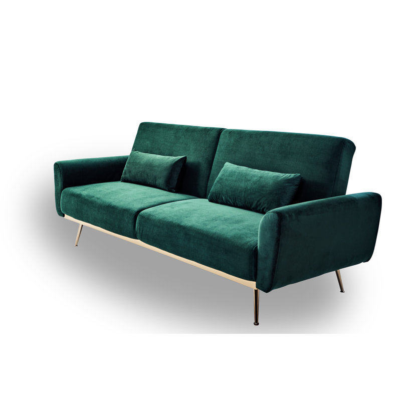 Chillax Gold 83.86" Velvet Square Arm Sleeper Sofa, Opal Green Velvet, Gold