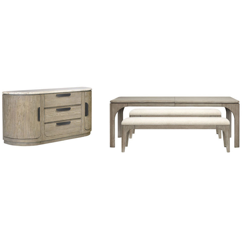 Extendable Rectangular Dining Table With 2 Benches And Buffet, 4 Pcs: Table, 2 Benches, Buffet