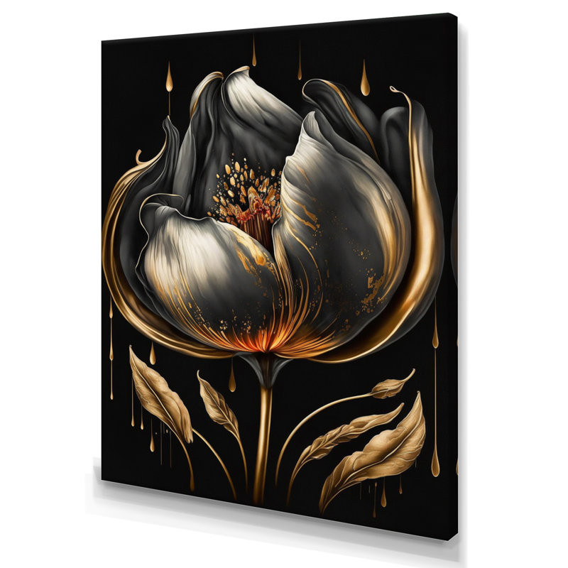 Tulipe noire et dorée - art mural encadré, H 20 po x l 12 po x P 1 po, Toile tendue
