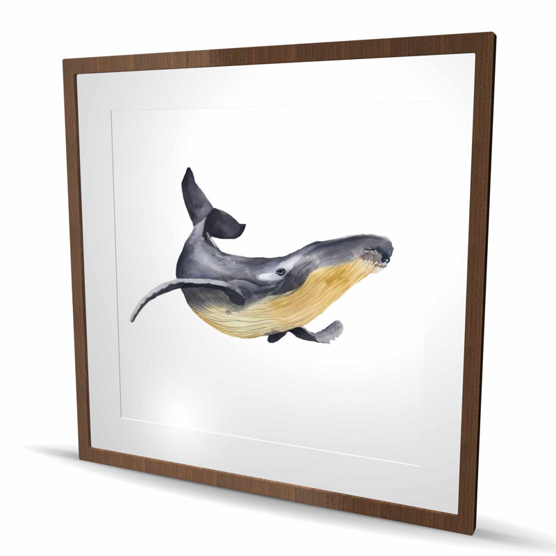 Watercolor Blue Whale - Grey Animals Framed Matted Print, Brown