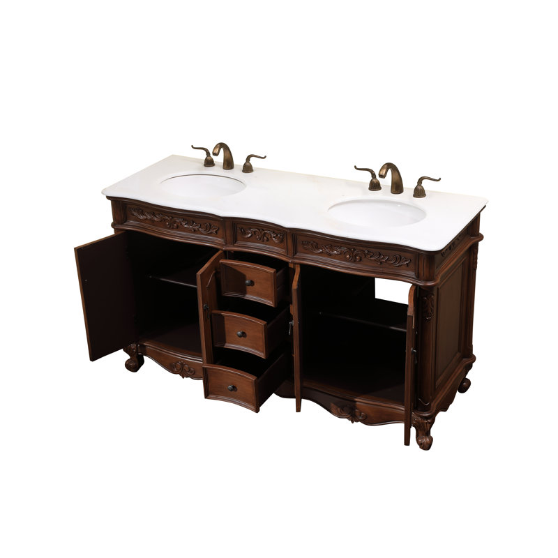 Stepan 60'' Double Bathroom Vanity with Marble Top, Antique Teak