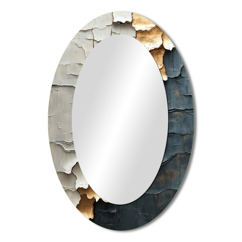 Gold And Grey Japanese Zen Tiles II - Gray Oval Wall Mirror Decor, 36" x 24"