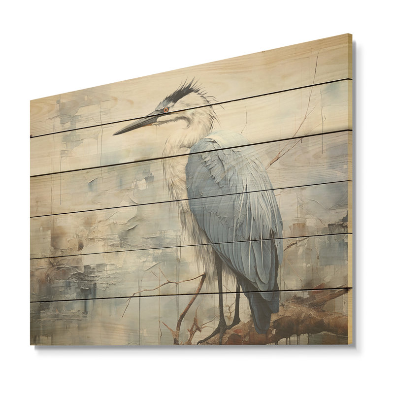 Blue Great Heron In Miminal Harmony I - Heron Wood Wall Art On Natural Pine Wood, 30" H x 40" W