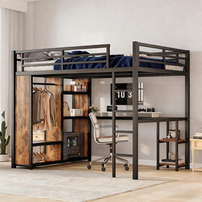 Metal Loft Bed Frame With Built-in Wardrobe,desk And Storage Shelves, For Kids Teens Adults