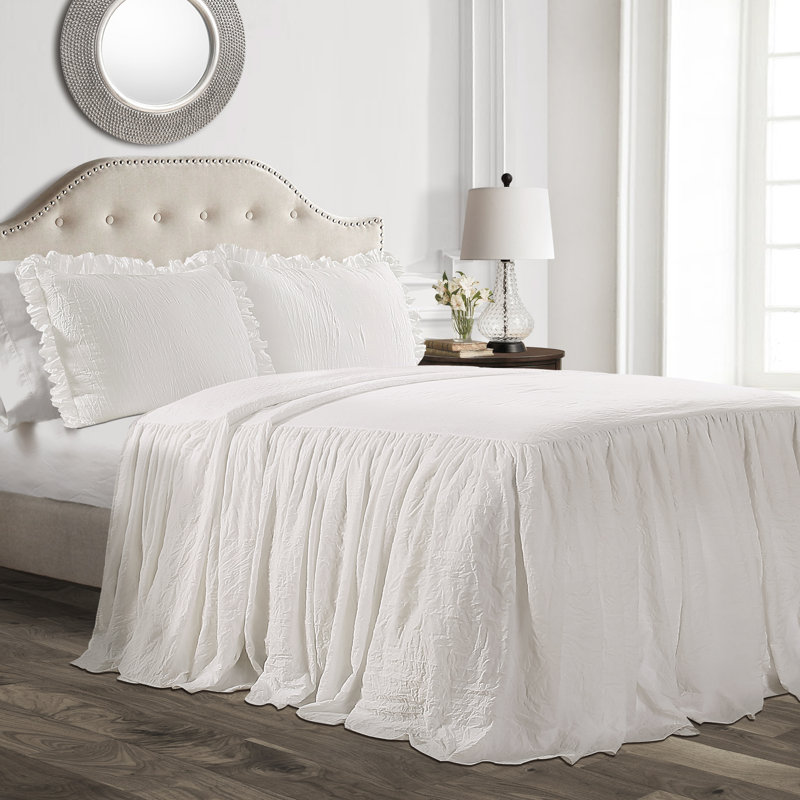 Reyna Microfiber Ruffle Skirt Bedspread Set, White, California King Bedspread  + 2 Cal King Shams
