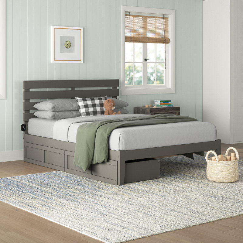 Madaket Premium Wood Farmhouse Storage Platform Bed with Under Bed Drawers, Gray, Full