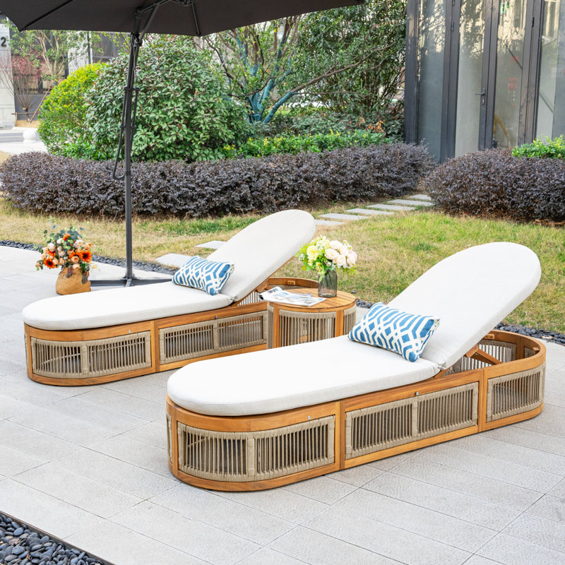 Outdoor Acacia Wood Chaise Lounge Set With Table , Cushion Included
