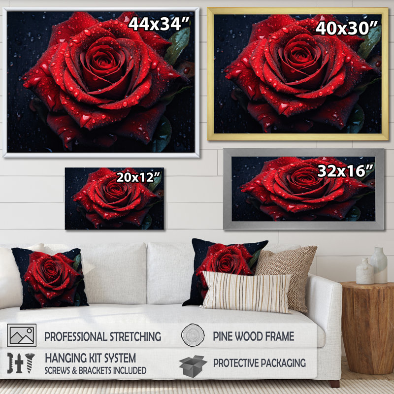 Rose rouge avec gouttes de pluie VI - impression sur toile florale, H 24 po x l 32 po x P 1 po, Toile tendue
