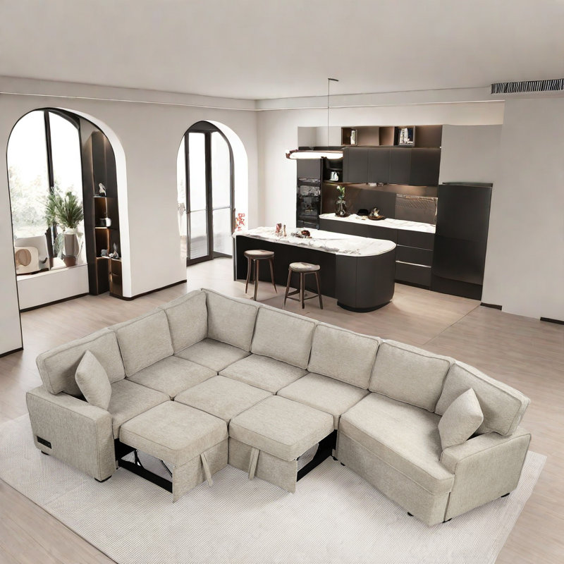 Magedan 126" L-shaped Sectional Pull-out Sofa with Charging Devices, Cup Holders and Pillows, Beige