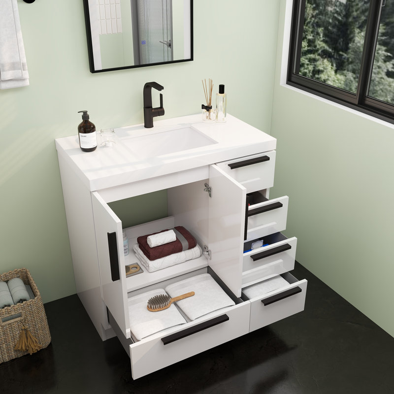 Meuble-lavabo autoportant avec tiroirs à droite Carla, Blanc brillant, 35"