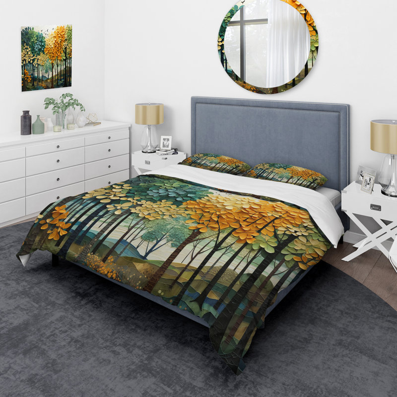 Ensemble de housse de couette Orange Green Trees, Housse de couette pour grand lit et 2 taies décor