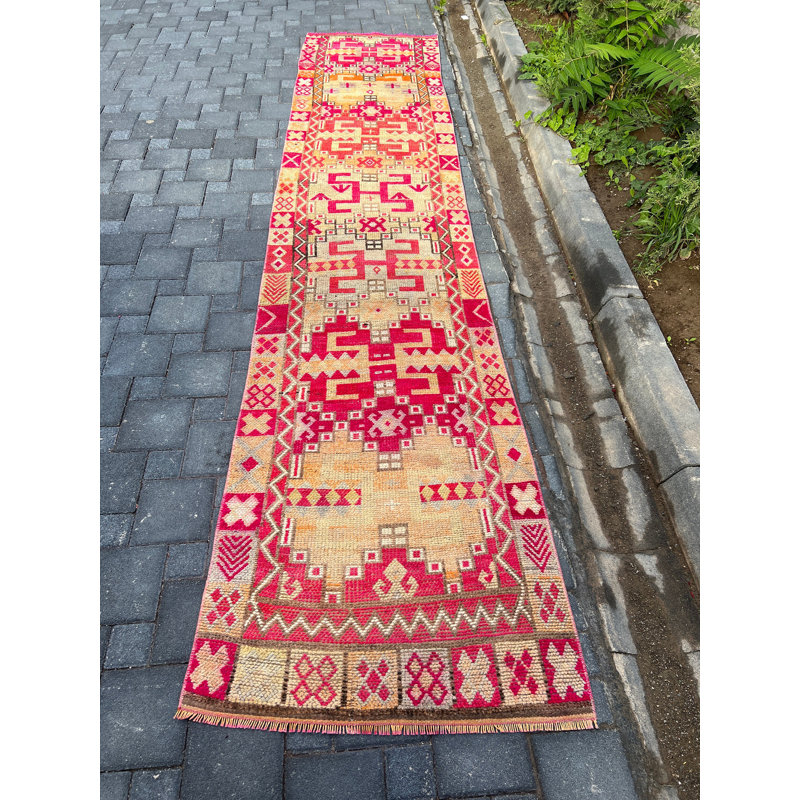 33.5x162.2 Inch Red Wool Runner Rug, Traditional Vintage Modern Geometric Rug