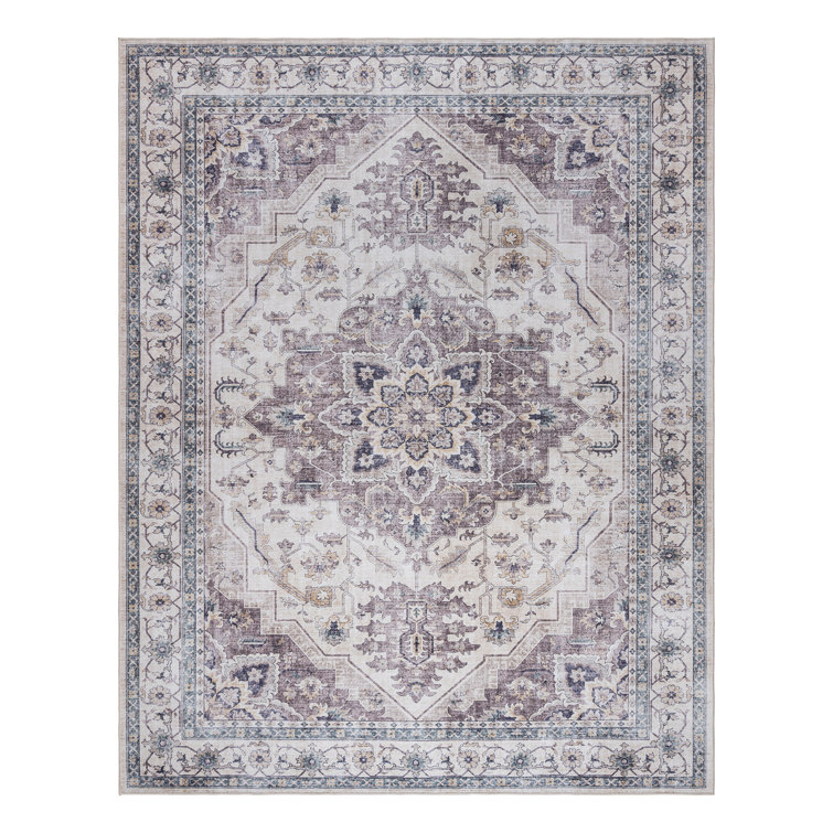 Samira Tiefi Gray Ivory Multi Machine Washable Traditional Medallion Indoor Area Rug, Flat Pile for Living Room & Bedroom