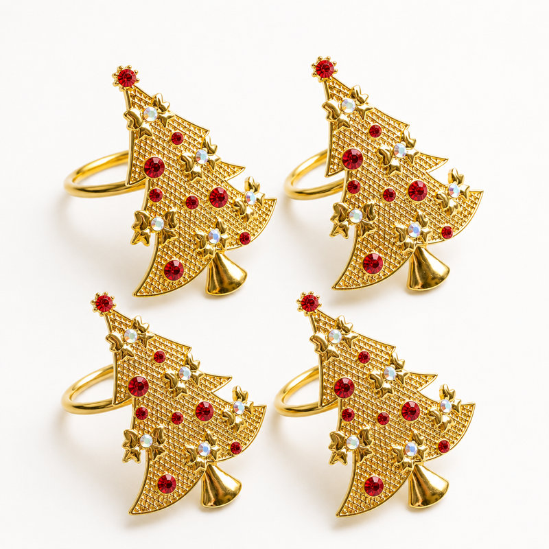 Anneaux de Noël en forme de sapin de Noël en métal doré, ensemble de 4