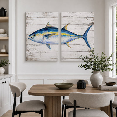 Blue Tuna Fish Artwork, Kitchen Pictures, Framed Canvas Giclee Print 2 Pieces Wall Art