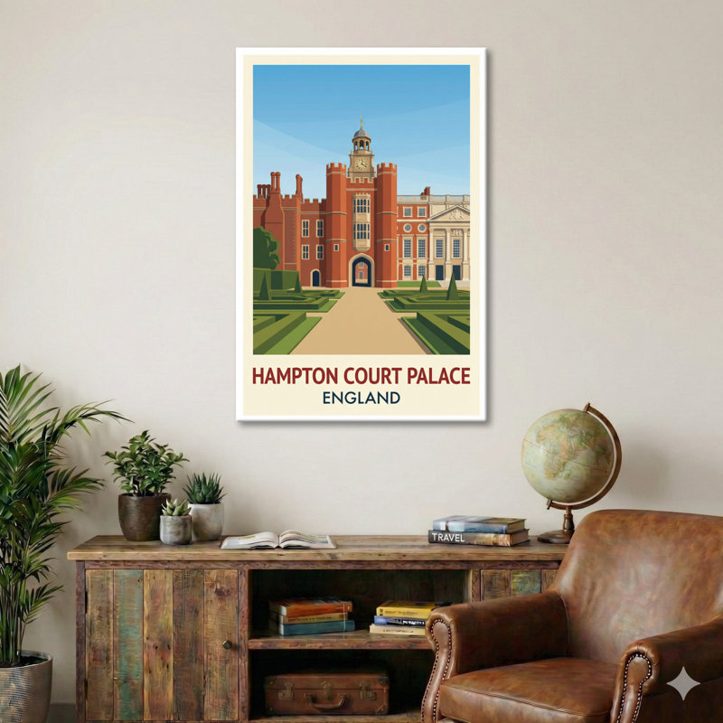 Hampton Court Palace, England - Romantic Travel Poster Celebrating Tudor Grandeur. Giclee Print On Wrapped Canvas. Wall Art, Home Decor - Castles & Palaces, England - Wrapped Canvas Print