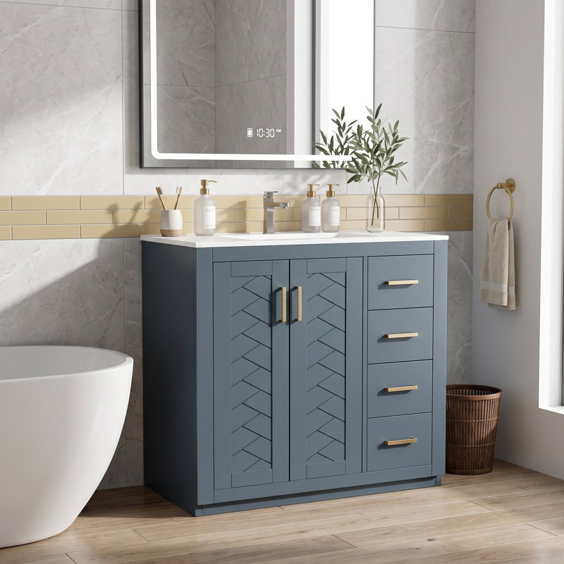 Ensemble de meuble-lavabo 36 po avec lavabo en céramique, meuble de rangement pour salle de bain avec cadre en bois massif, ensemble de meuble-lavabo autoportant avec 3 tiroirs et portes à fermeture douce