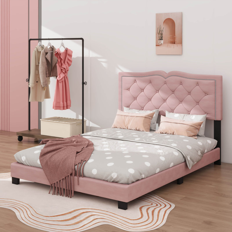 Luxurious Queen-Sized Upholstered Bed Frame, Pink