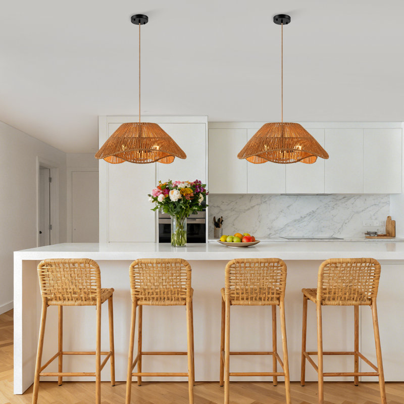 Luminaire suspendu en rotin naturel tissé à la main à 3 lumières pour îlot de cuisine Doiker, Noir