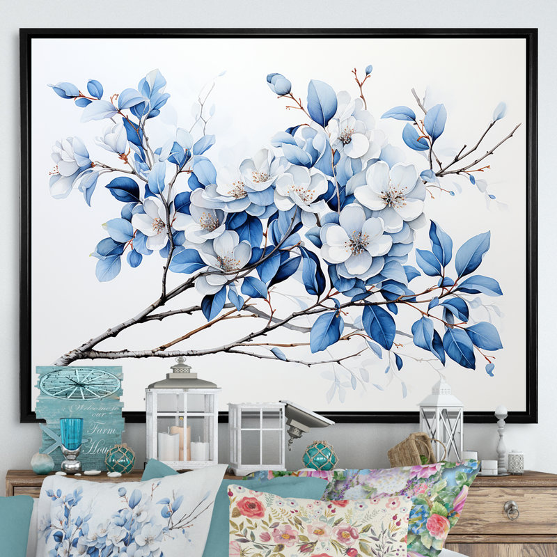 «Blue and Grey Leaves II», reproduction sur toile, Cadre flottant noir, H 30 po x l 40 po