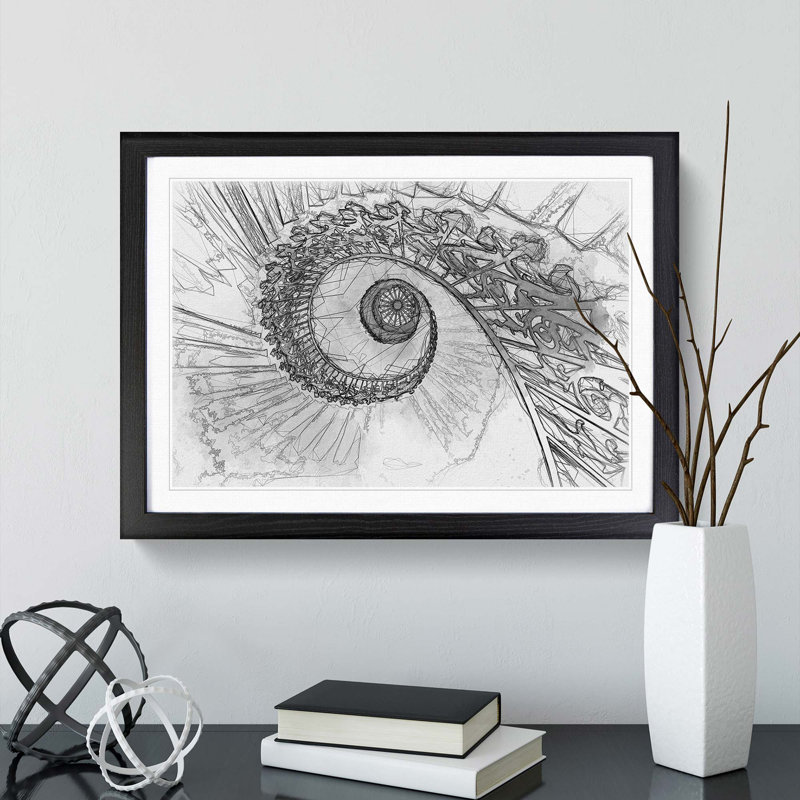 Spiral Staircase in Abstract - Picture Frame Graphic Art Print on MDF, 62cm H x 87cm W x 2cm D, Black Framed