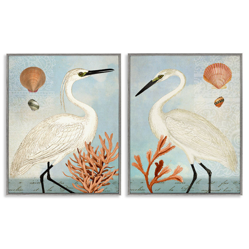«Beach Articles Shell Heron Egret», ensemble de 2 giclées encadrées par Susan Arnot, H 30 po x l 24 po