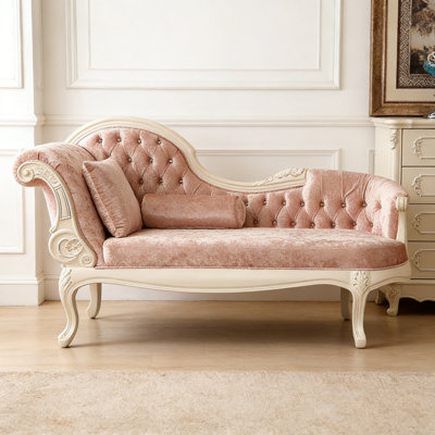 Classic Pink Suede Solid Wood Chaise Longue