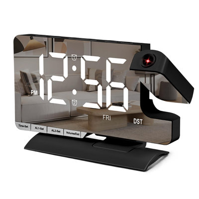 Alarm Clock with Projection, Mirror Digital Clock, 180° Rotating Projector, Dual Alarm, Snooze, Charging Port, (Black)