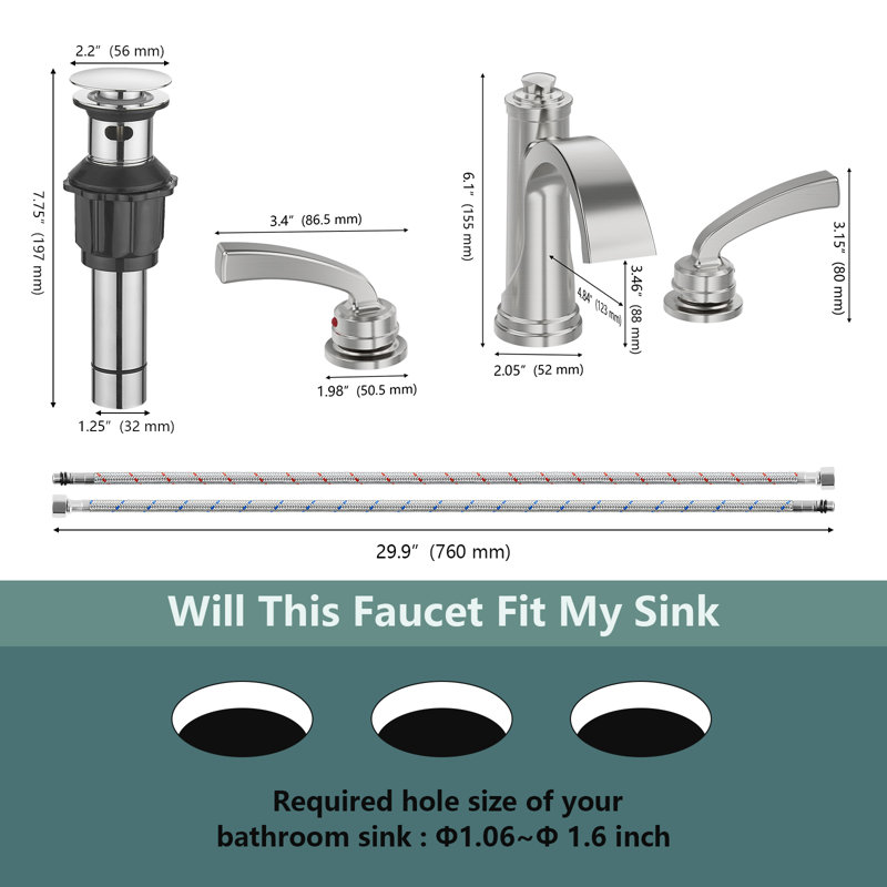 8 In. Waterfall Widespread 2-Handle Bathroom Faucet With Pop-Up Drain Assembly In Brushed Nickel, Brushed Nickel
