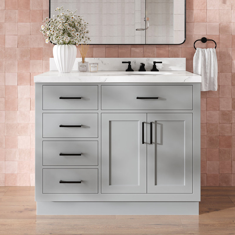 Meuble-lavabo simple en bois massif 42 po Tidworth avec plateau en quartz Carrara de 1,5 po, Oui, Ovale, Gris