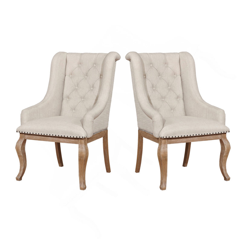 Ensemble de 2 fauteuils rembourrés en tissu crème, brun orge