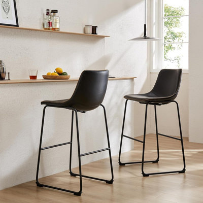 Set Of 2 Modern Counter Height Bar Stools, Faux Leather Upholstered With Back, Armless Kitchen Island Chairs With Metal Legs, Classic Black