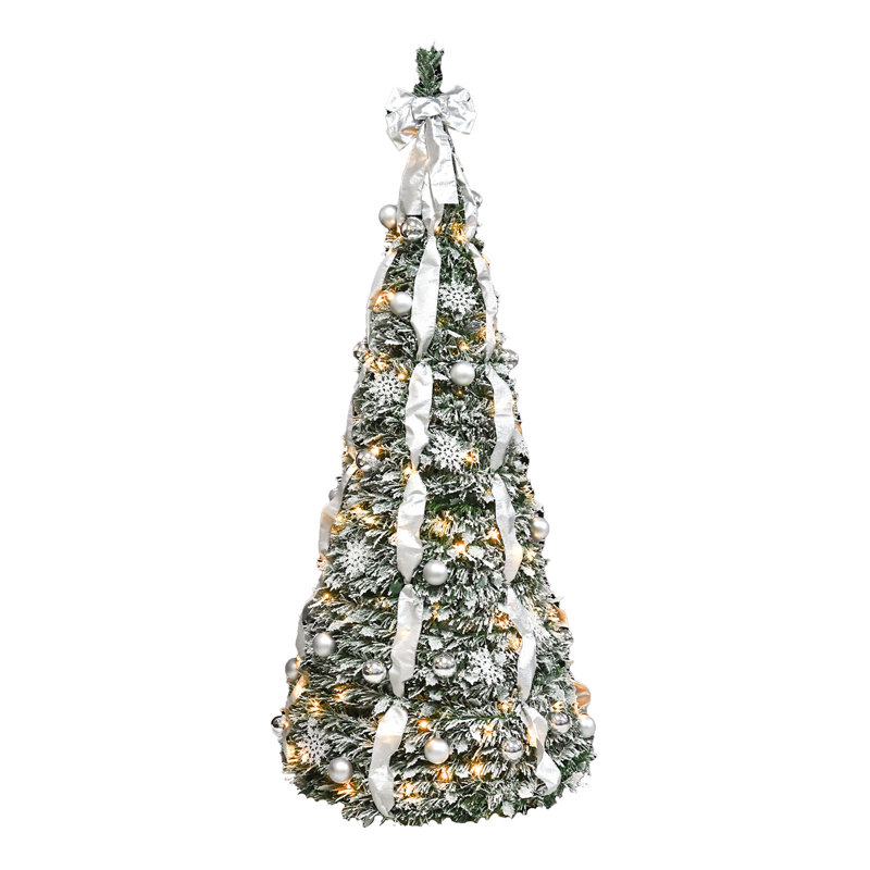 Arbre de Noël 6 pi avec 150 lumières UL blanc chaud pré-décorées avec des ornements, des flocons de neige, des rubans et un grand arc - Assemblage facile