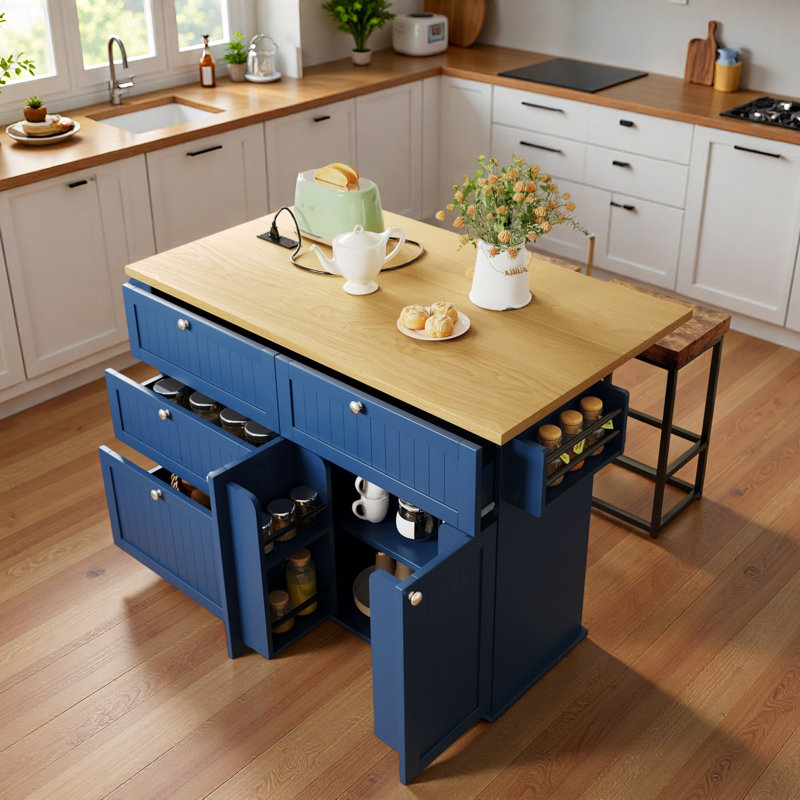 Farmhouse Kitchen Island on Wheels with Drop Leaf, 2 Stools, Storage Cabinet & Drawers, Spice Rack, Towel Rack & Power Outlet