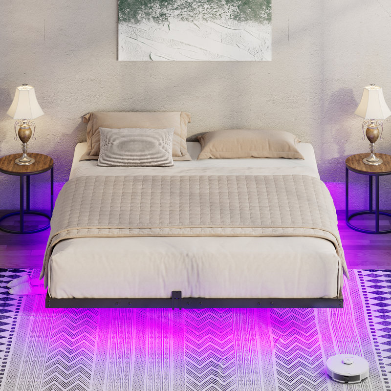 Floating Bed Frame With Led Light, Black, Queen