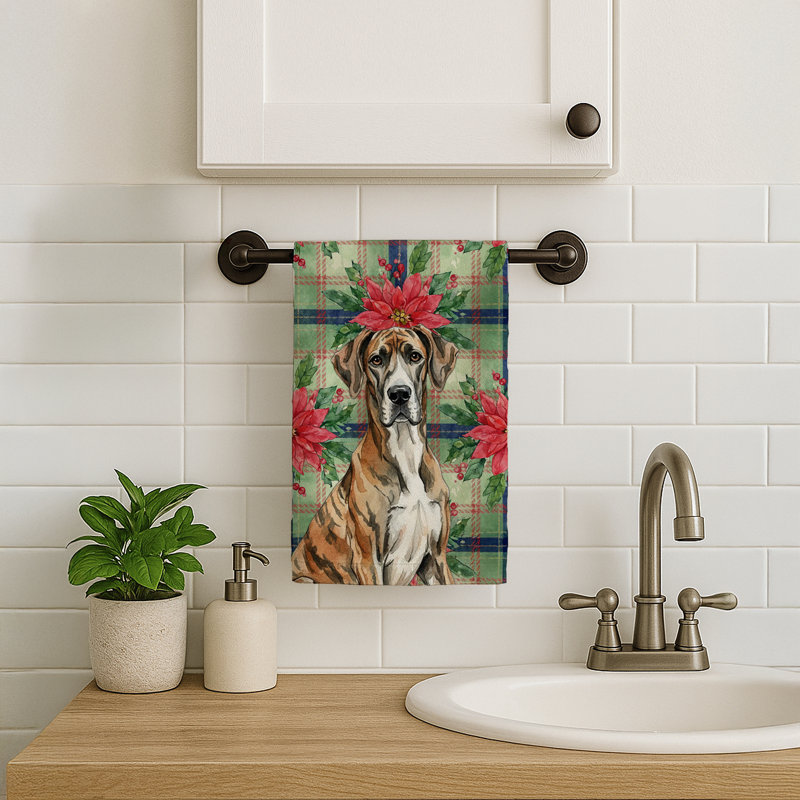 Brindle Great Dane Christmas PoinsettIas Kitchen Towel, Brindle Great Dane