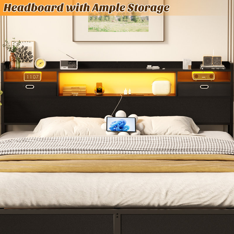 45.3" H Metal Storage Headboards With Cloth Darwers, Outlets,USB Ports And LED Lights, Black, King