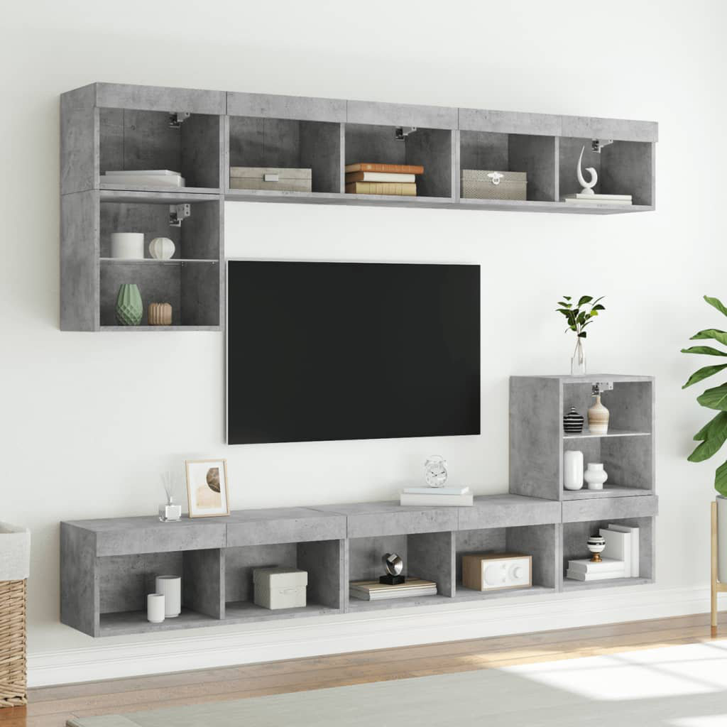 8 Piece TV Wall Units With LED Concrete Grey Engineered Wood