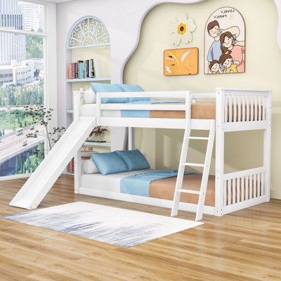Twin Over Twin Wooden Bunk Bed With Reversible Ladder And Slide, Full-Length Guardrails