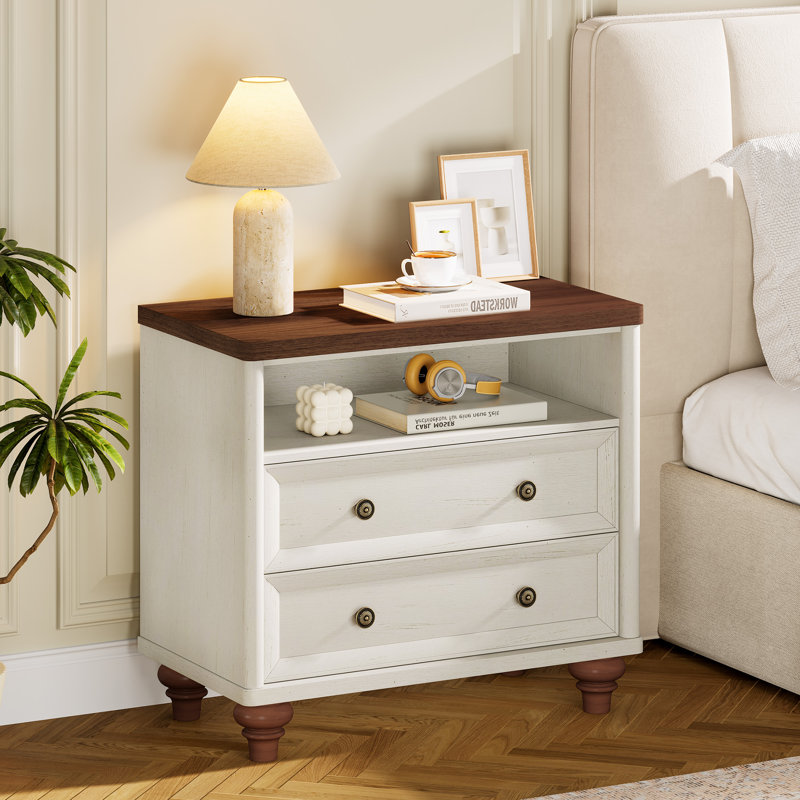 Ensemble de 2 tables de chevet 29,5 po de large avec 2 tiroirs et pieds en bois massif, White and Brown, Set of 2