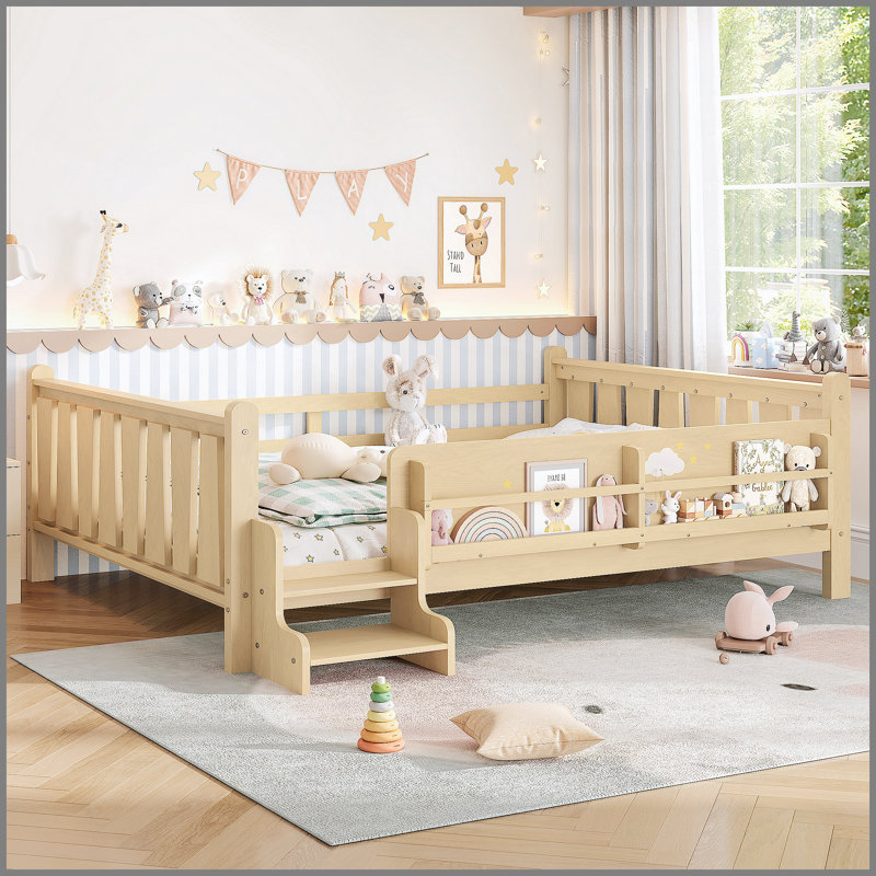 Grand lit au sol avec bibliothèques de rangement, lit en bois massif pour enfants avec de jolis escaliers et garde-corps, aucun sommier nécessaire, naturel clair